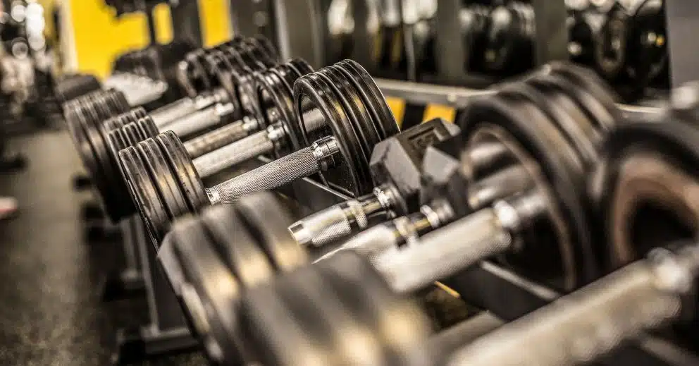 A row of metal dumbbells on a rack—perfect for those with questions to ask before joining a 24 hour gym.